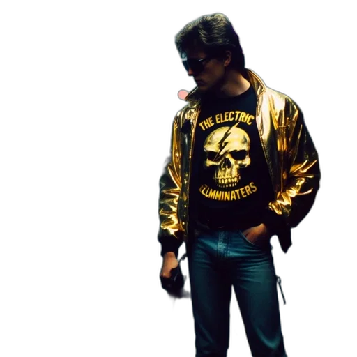 jacket, mask, cyberpunk, 3d render, concept art, pixel art, golden, dimly transparent PNG cut-out