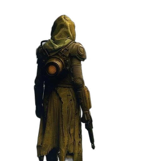 mask, staff, jacket, weapon, concept art, cyberpunk, 3d render, golden transparent PNG cut-out
