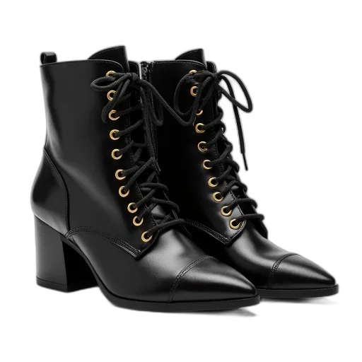 shoes, dark, pair, black, high-heeled, ankle, boots, laces transparent PNG cut-out