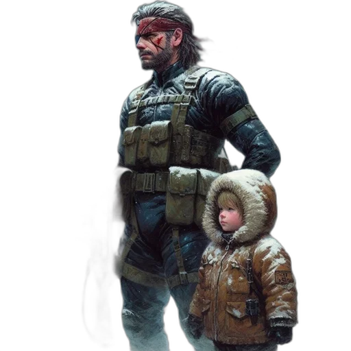 jacket, weapon, concept art, cyberpunk, fantasy art, pixel art, snow, earth tones transparent PNG cut-out