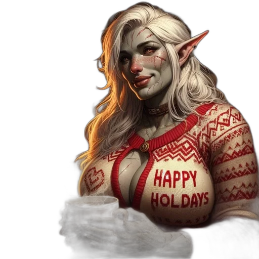 fantasy art, concept art, elfin, figure, festive, sweater, holds, mug transparent PNG cut-out
