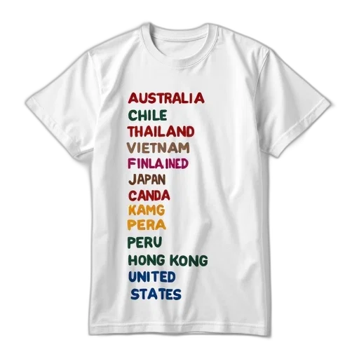 white, t-shirt, list, countries, vertical, arrangement, starting, top transparent PNG cut-out