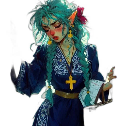dress, staff, jewelry, fantasy art, concept art, watercolor, pixel art, blue transparent PNG cut-out