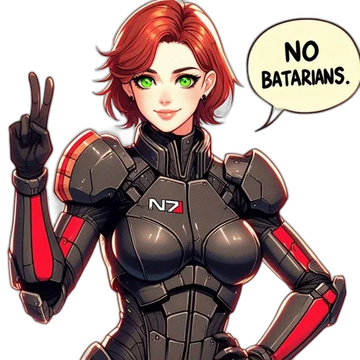 comic book art, pixel art, concept art, cartoon, n7-badged, female, character, black transparent PNG cut-out
