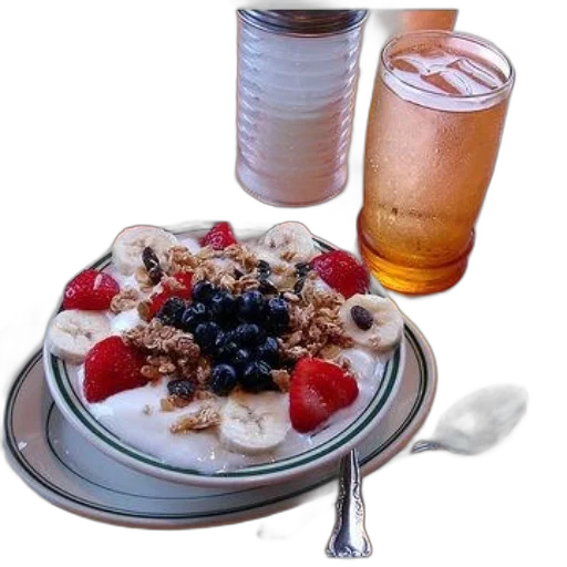 food, plate, yogurt, bananas, strawberries, blueberries, granola, top transparent PNG cut-out