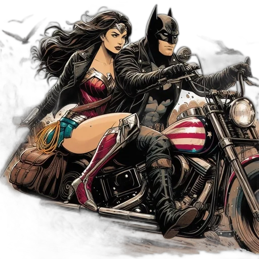 comic book art, concept art, fantasy art, cartoon, wonder, woman, batman, ride transparent PNG cut-out