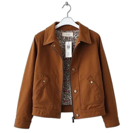 jacket, earth tones, brown, floral, patterned, lining, hanging, white transparent PNG cut-out