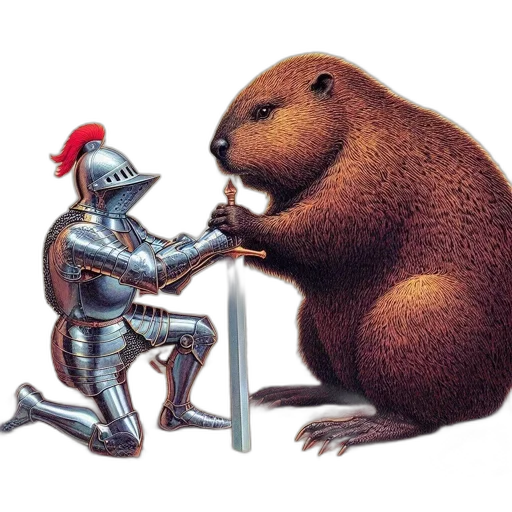 animal, concept art, forest, comical, scene, knight, kneels, beside transparent PNG cut-out