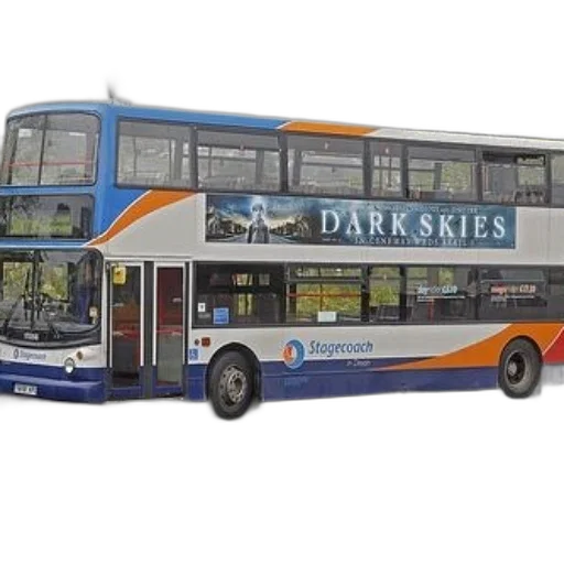 photorealistic, 3d render, double-decker, bus, advertisement, dark, skies, side transparent PNG cut-out