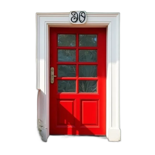 furniture, building, 3d render, photorealistic, red, door, white, trim transparent PNG cut-out