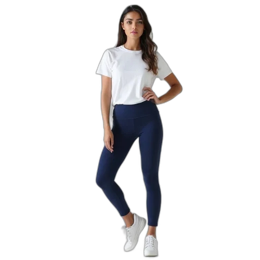 monochrome, blue, woman, shown, wearing, navy, leggings, white transparent PNG cut-out