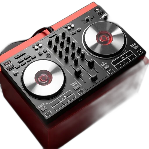 3d render, red, mixer, two, turntables, placed, black, box transparent PNG cut-out