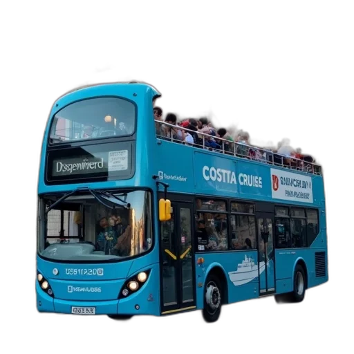 3d render, blue, double-decker, bus, large, advertisement, costa, cruises transparent PNG cut-out