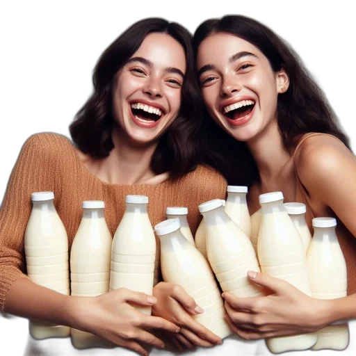 bottle, food, two, smiling, women, similarly, styled, garments transparent PNG cut-out