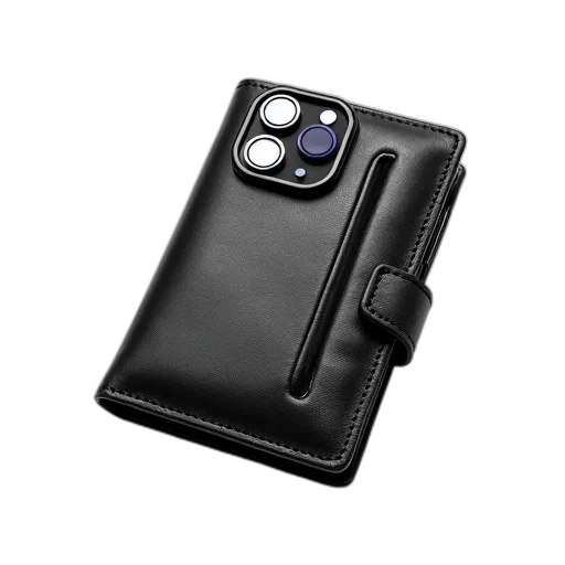 black, leather, wallet, textured, surface, magnetic, snap, closure transparent PNG cut-out