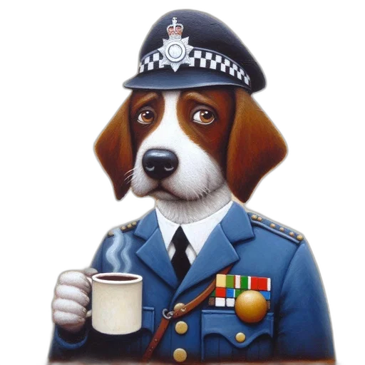 staff, painted, portrait, features, dog, wearing, police, uniform transparent PNG cut-out