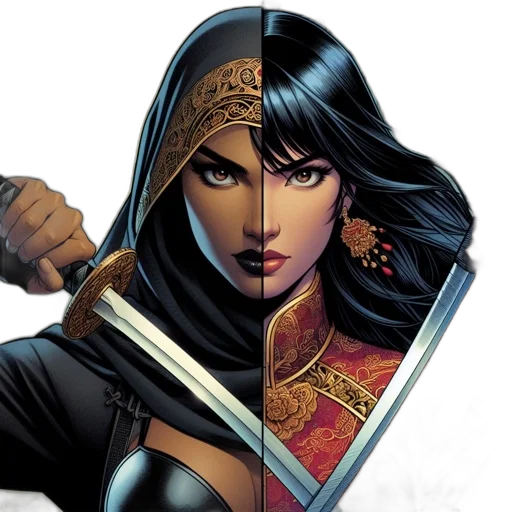 comic book art, concept art, fantasy art, two, women, hold, swords, cityscape transparent PNG cut-out