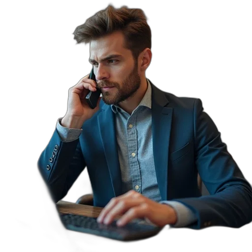 jacket, staff, young, business, man, desk, using, phone transparent PNG cut-out