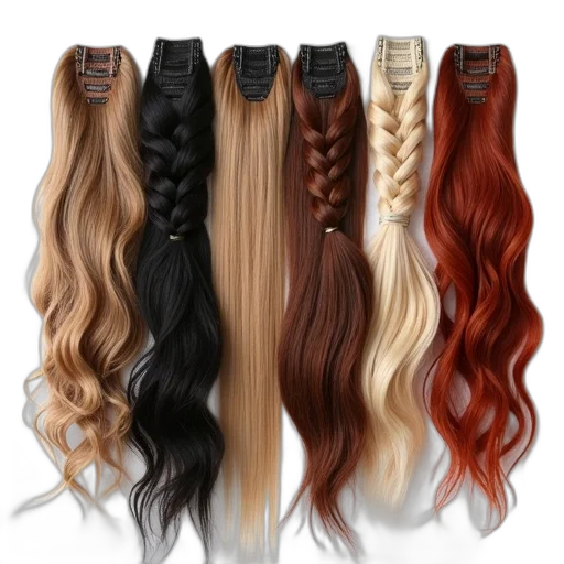hair, dark, earth tones, colorful, collection, extensions, displayed, white transparent PNG cut-out