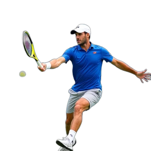 photorealistic, male, tennis, player, action, court, wearing, blue transparent PNG cut-out