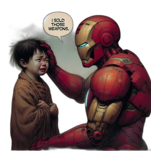 robot, comic book art, concept art, red, distressed, child, wearing, brown transparent PNG cut-out