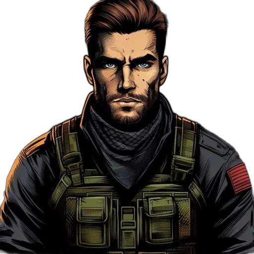 jacket, face, comic book art, concept art, cartoon, pixel art, earth tones, man transparent PNG cut-out