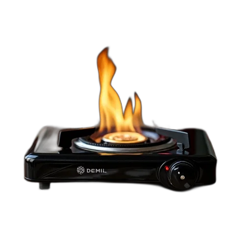 3d render, fire, black, portable, gas, stove, lit, flame transparent PNG cut-out