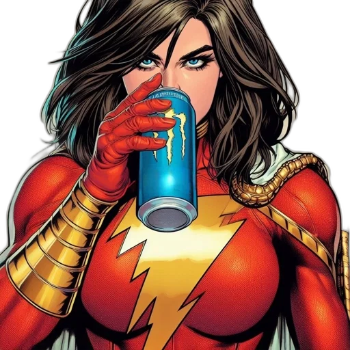 comic book art, close-up, features, female, superhero, donning, bright, red transparent PNG cut-out