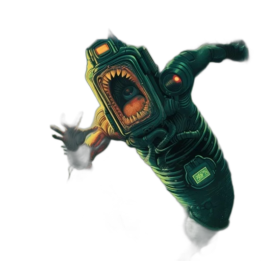 robot, creature, mask, staff, concept art, 3d render, comic book art, outer space transparent PNG cut-out