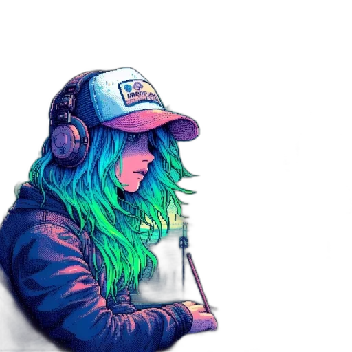 jacket, hat, face, hair, cyberpunk, pixel art, watercolor, vaporwave transparent PNG cut-out