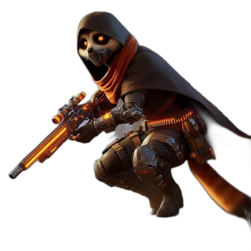weapon, mask, jacket, face, concept art, 3d render, pixel art, fantasy art transparent PNG cut-out