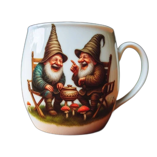 fantasy art, photorealistic, ceramic, mug, adorned, illustration, two, gnomes transparent PNG cut-out