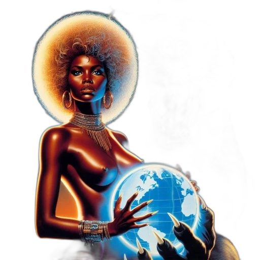 concept art, fantasy art, comic book art, outer space, woman, afro, wears, gold transparent PNG cut-out