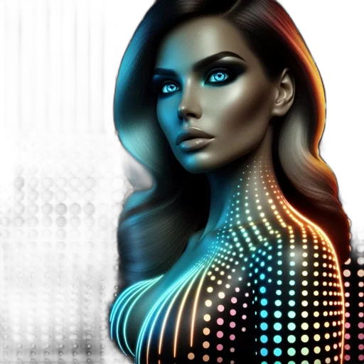 dress, robot, photorealistic, fantasy art, cyberpunk, comic book art, neon lights, blue transparent PNG cut-out