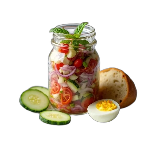food, 3d render, photorealistic, glass, jar, filled, colorful, salad transparent PNG cut-out