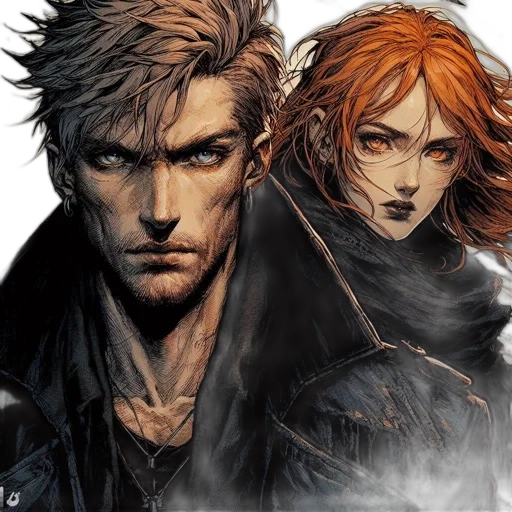 comic book art, concept art, fantasy art, cyberpunk, image, portrays, male, female transparent PNG cut-out