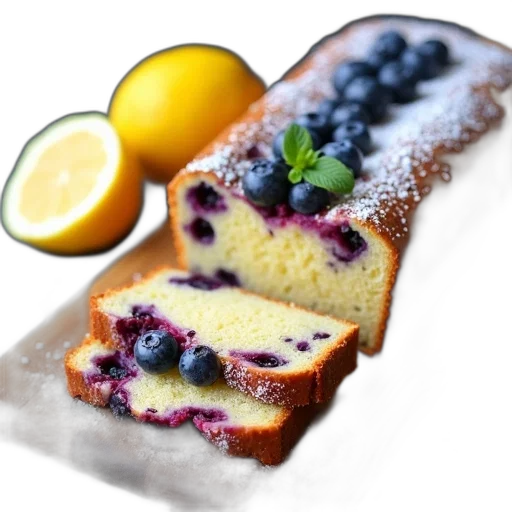 food, photorealistic, 3d render, slice, blueberry, lemon, bread, dusting transparent PNG cut-out