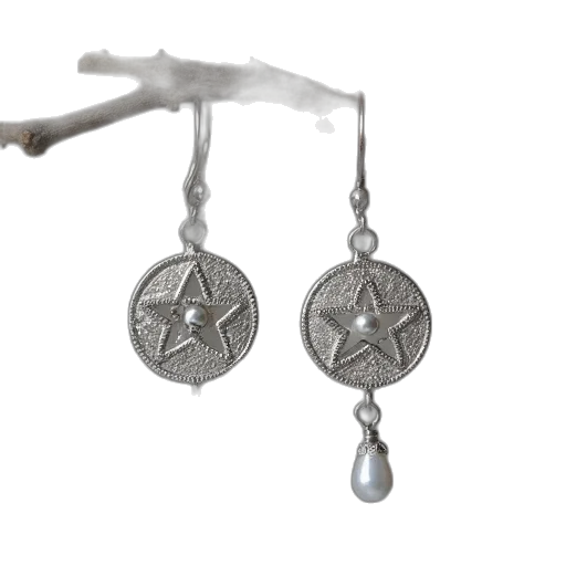 jewelry, silver, moon, pentagram, earrings, tiny, drop transparent PNG cut-out