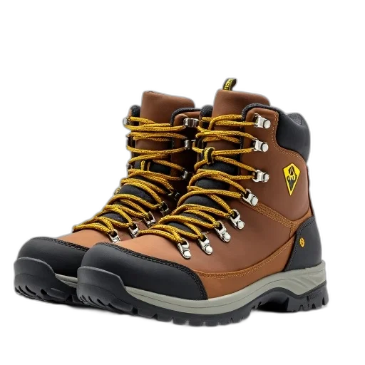 shoes, pair, brown, hiking, boots, yellow, laces, logo transparent PNG cut-out