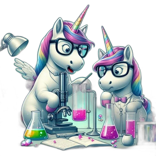 concept art, two, unicorns, work, lab, using, microscope, test transparent PNG cut-out