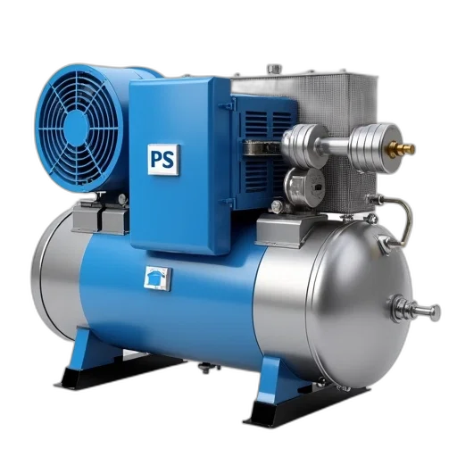 3d render, blue, silver, industrial, air, compressor, displayed, white transparent PNG cut-out
