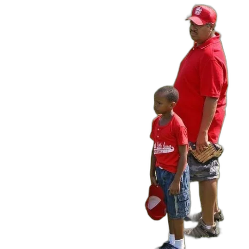 staff, man, boy, red, shirts, stand, grass, field transparent PNG cut-out
