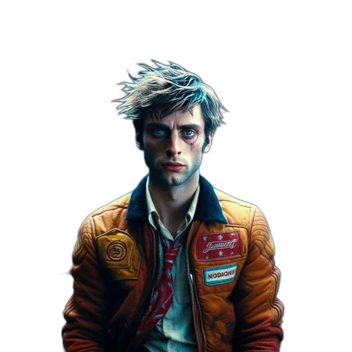 jacket, face, robot, weapon, concept art, cyberpunk, comic book art, photorealistic transparent PNG cut-out