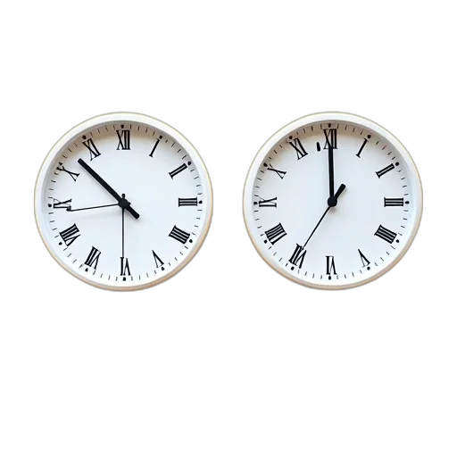 3d render, photorealistic, two, identical, white, analog, wall, clocks transparent PNG cut-out