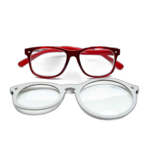 3d render, pair, red-framed, glasses, black, temples, placed, white transparent PNG cut-out
