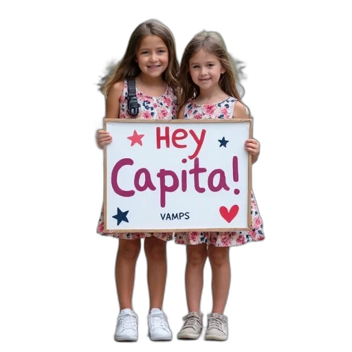 two, young, girls, standing, sidewalk, holding, sign, reads transparent PNG cut-out