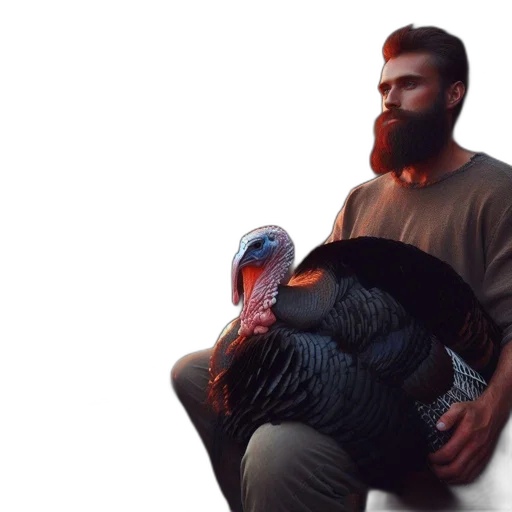 animal, creature, 3d render, photorealistic, bearded, man, holds, turkey transparent PNG cut-out