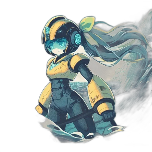 robot, weapon, concept art, fantasy art, anime, watercolor, blue, golden transparent PNG cut-out