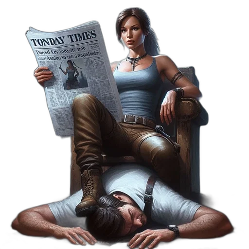 comic book art, concept art, fantasy art, cyberpunk, woman, reads, newspaper, dimly transparent PNG cut-out