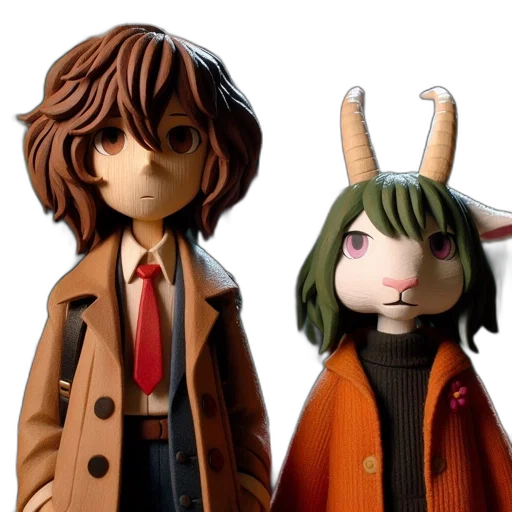 jacket, 3d render, concept art, two, animated, characters, one, brown transparent PNG cut-out